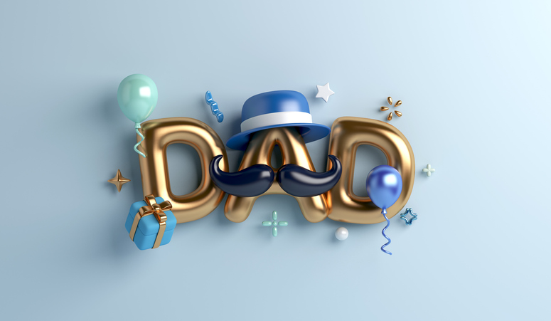 Happy Father’s Day decoration background with dad text balloon hat, mustache, gift box, copy space text, 3d rendering illustration