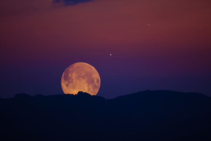 Full Moon, stars, planets and landscape scenery silhouettes.