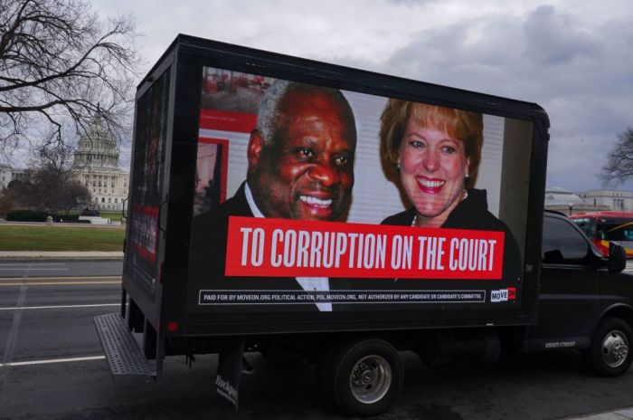 MoveOn Mobile Billboard Calling For Justice Clarence Thomas To Recuse Himself From All Cases Related To January 6 Due To His Alleged Conflicts Of Interest And Corruption