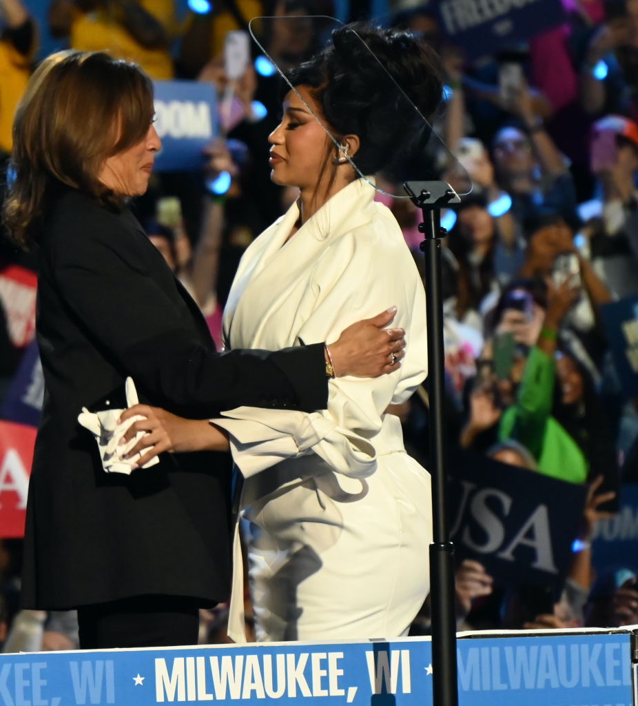 Vice President Kamala Harris and Cardi B embrace on stage at Wisconsin Campaign Rally