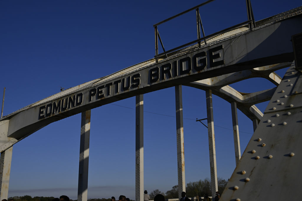 US President Joe Biden delivers remarks at Edmund Pettus Bridge