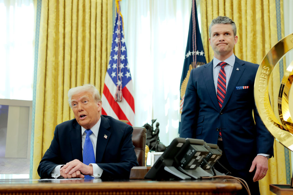 President Trump And Defense Secretary Hegseth Speak In The Oval Office